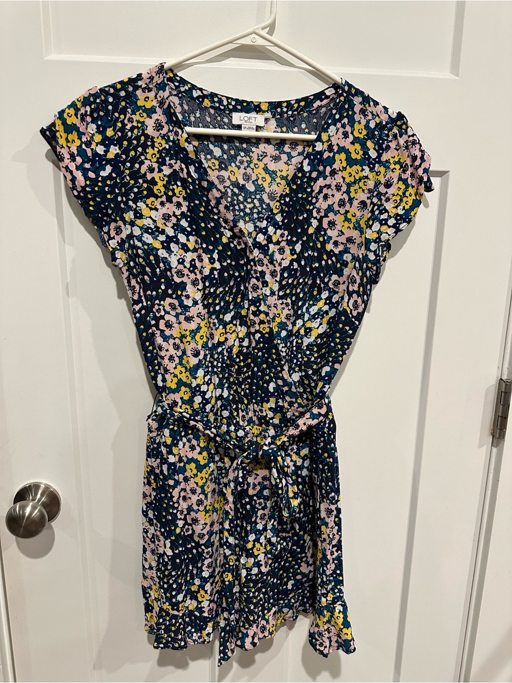 LOFT Navy Floral Romper with Pink and Yellow Blooms